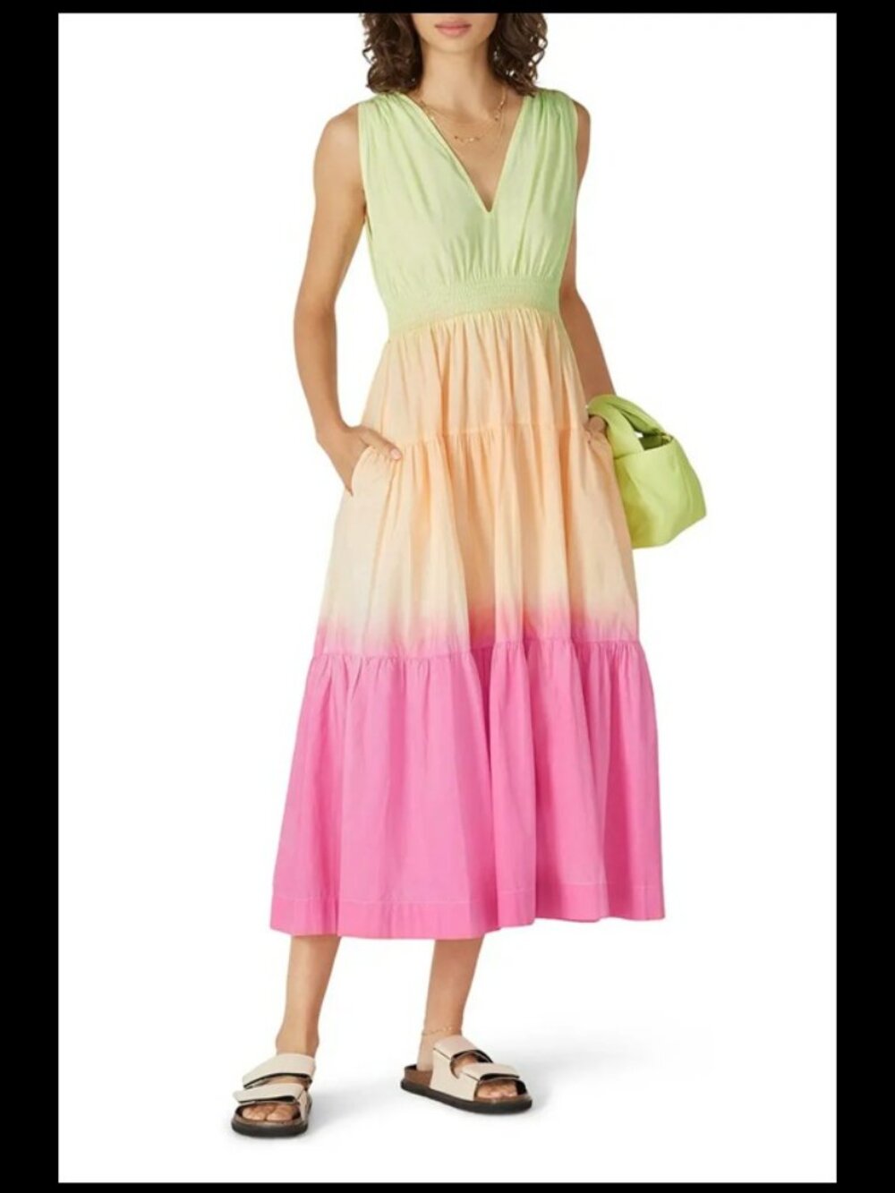 S/W/F Sunset Ombre Tiered Cotton Midi Dress w/ Pockets Sz S